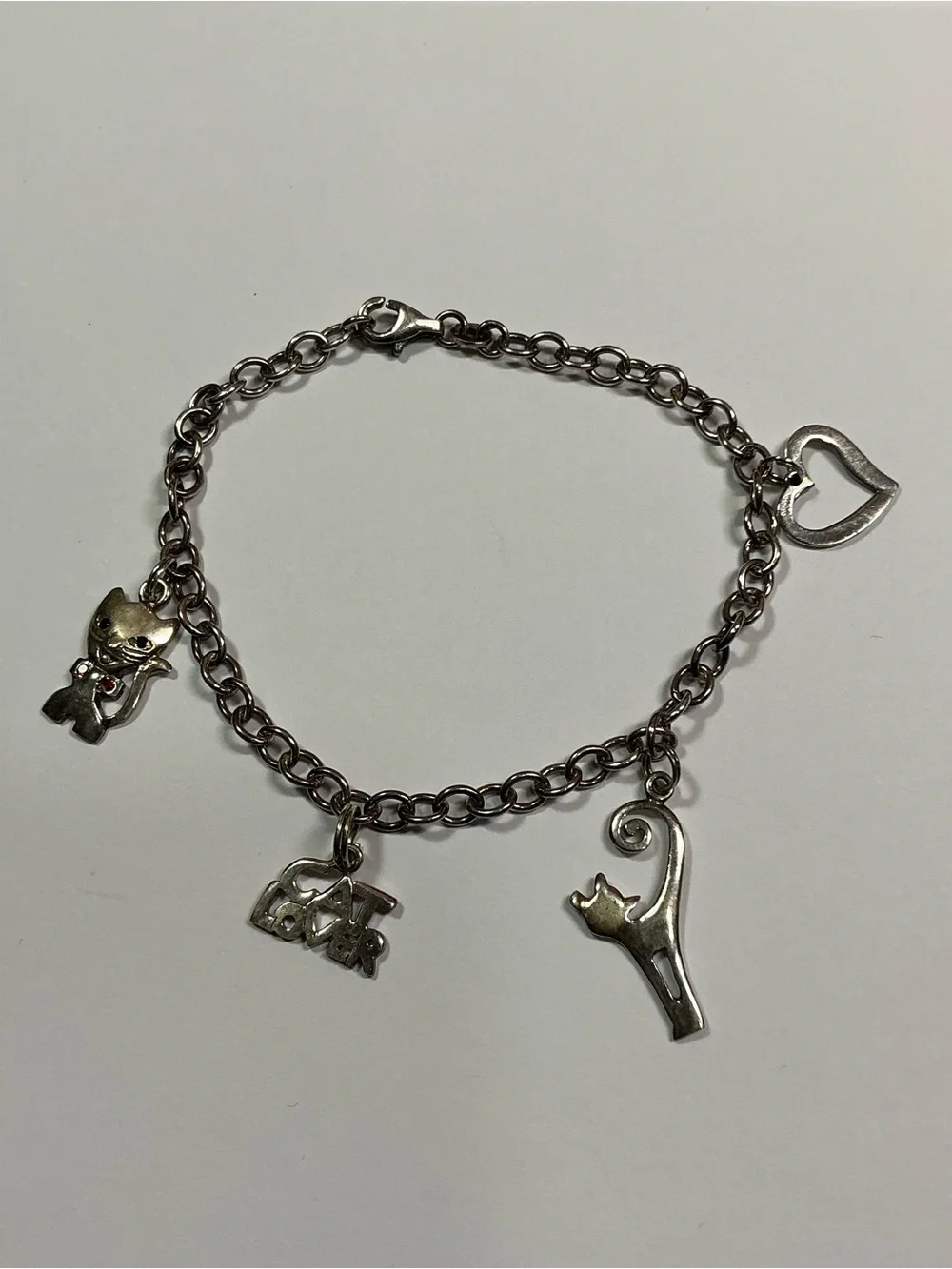 Sterling Silver Cat Lovers Charm Bracelet. 7.5 inches long